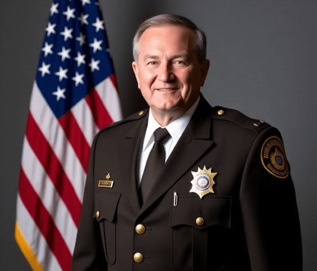 A smiling man in a brown law enforcement uniform posing before an American flag.