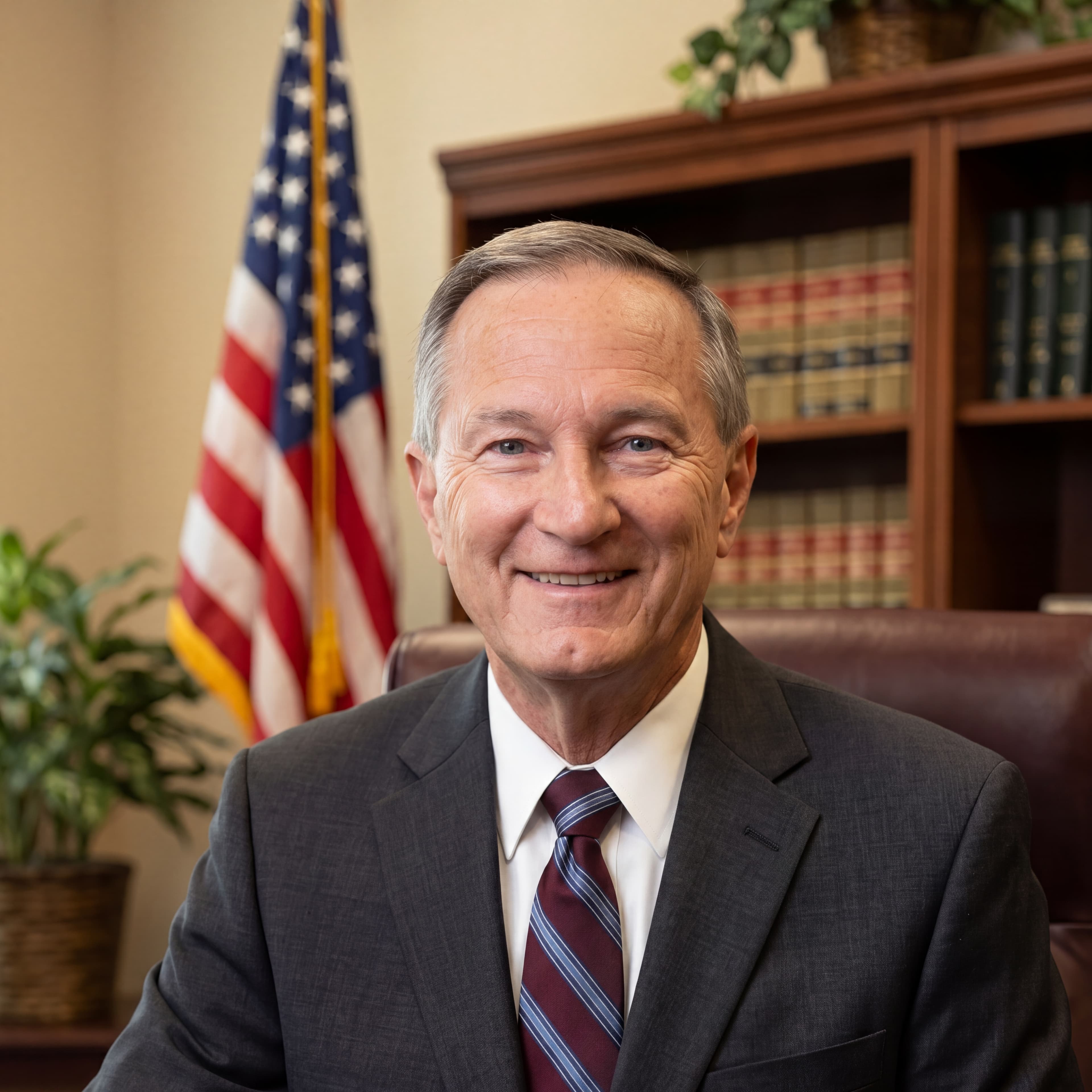 Smiling man in a grey suit and tie, with an American flag and bookshelf background.