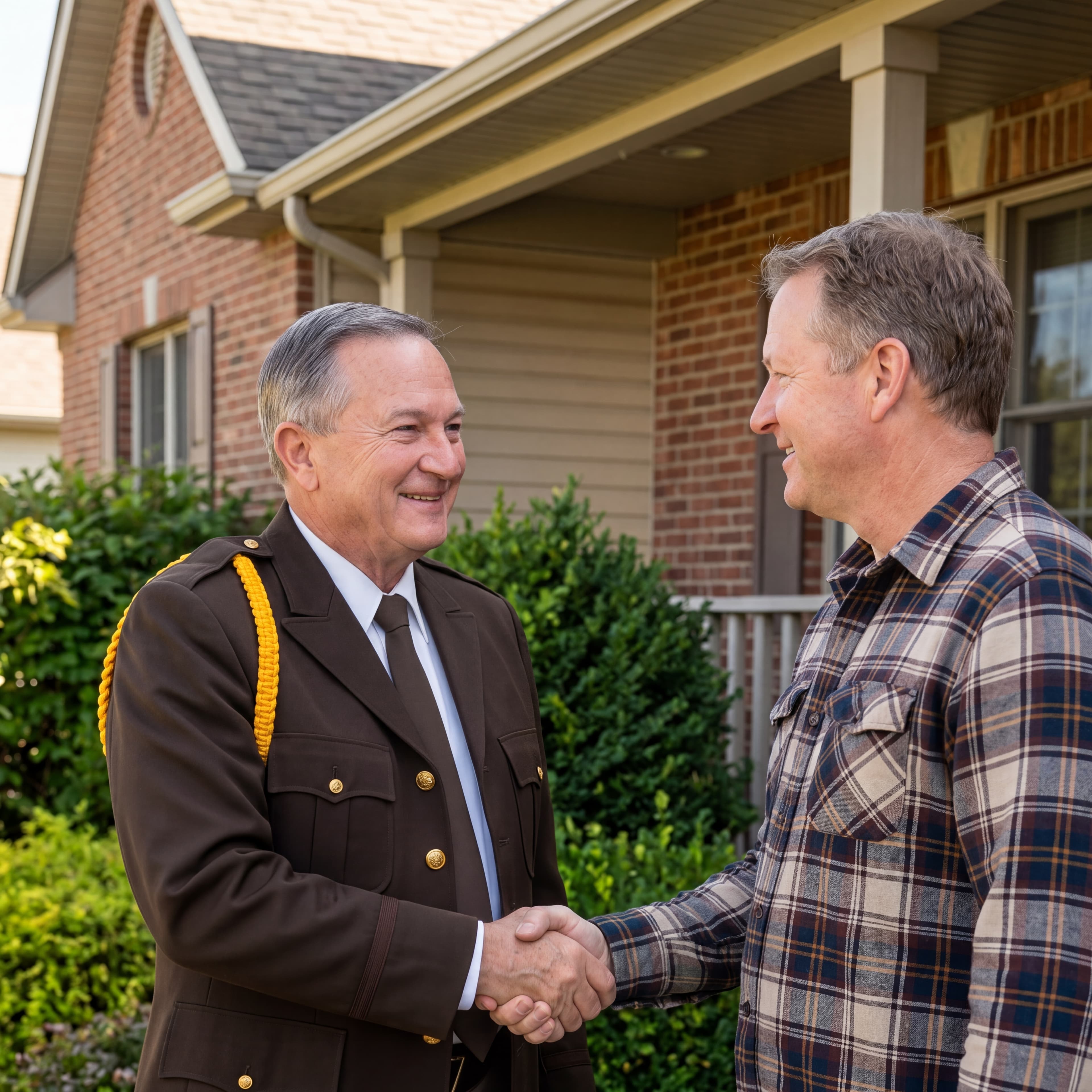 Smiling man in brown uniform shakes hands with a man in plaid outside a house.