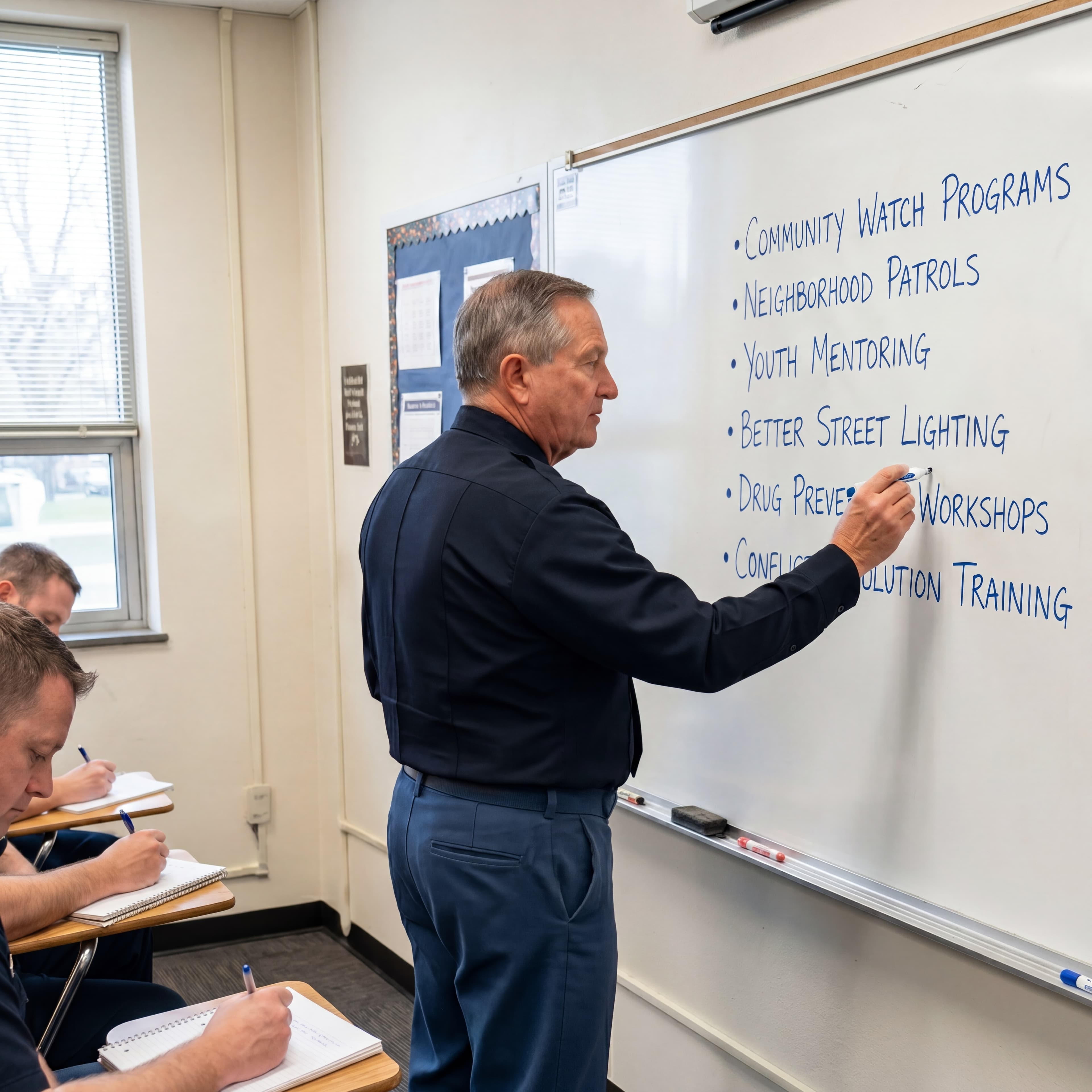 Uniformed officer writes community safety initiatives on a whiteboard for students taking notes in class.
