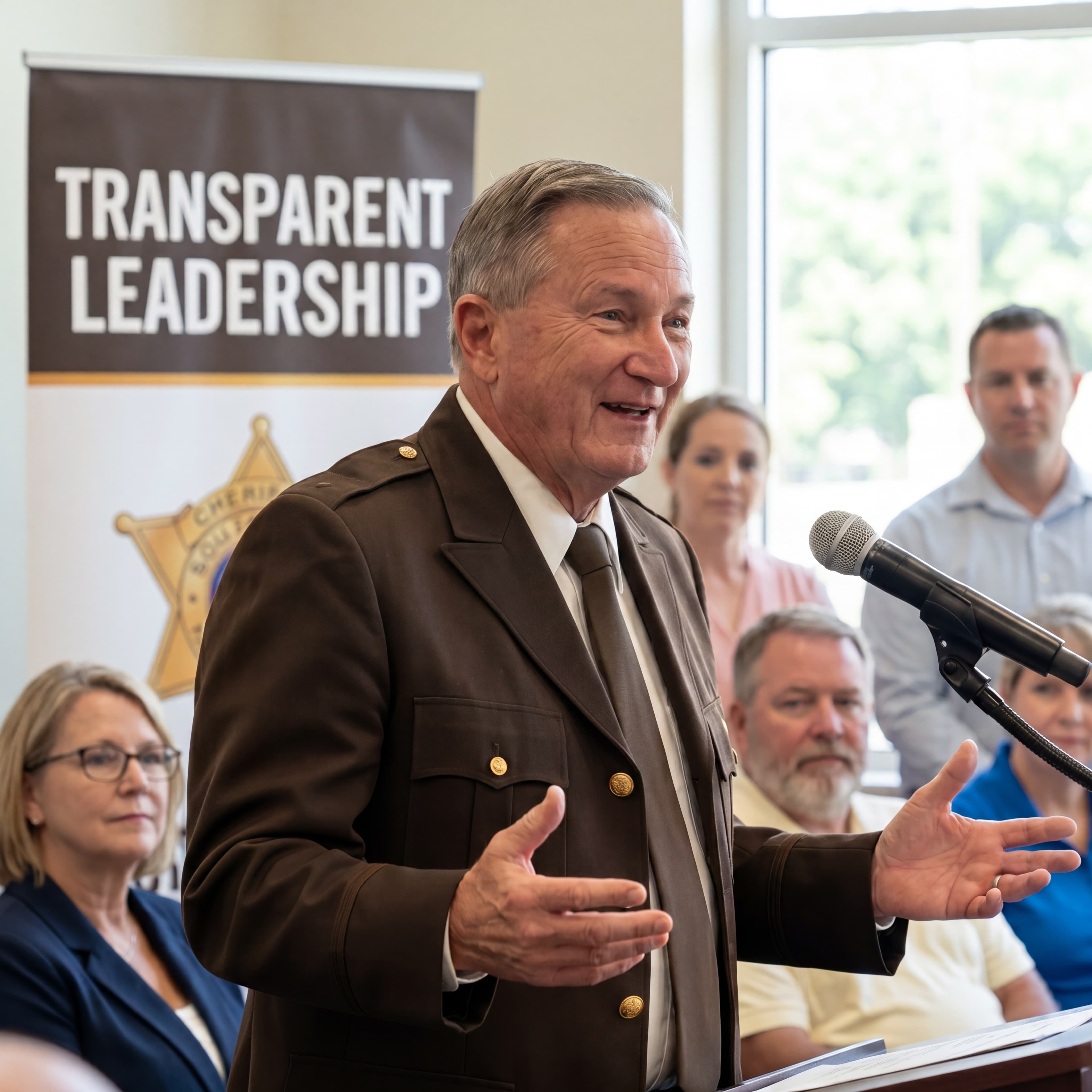 Sheriff in brown uniform speaks at a podium with a 'Transparent Leadership' banner behind him.